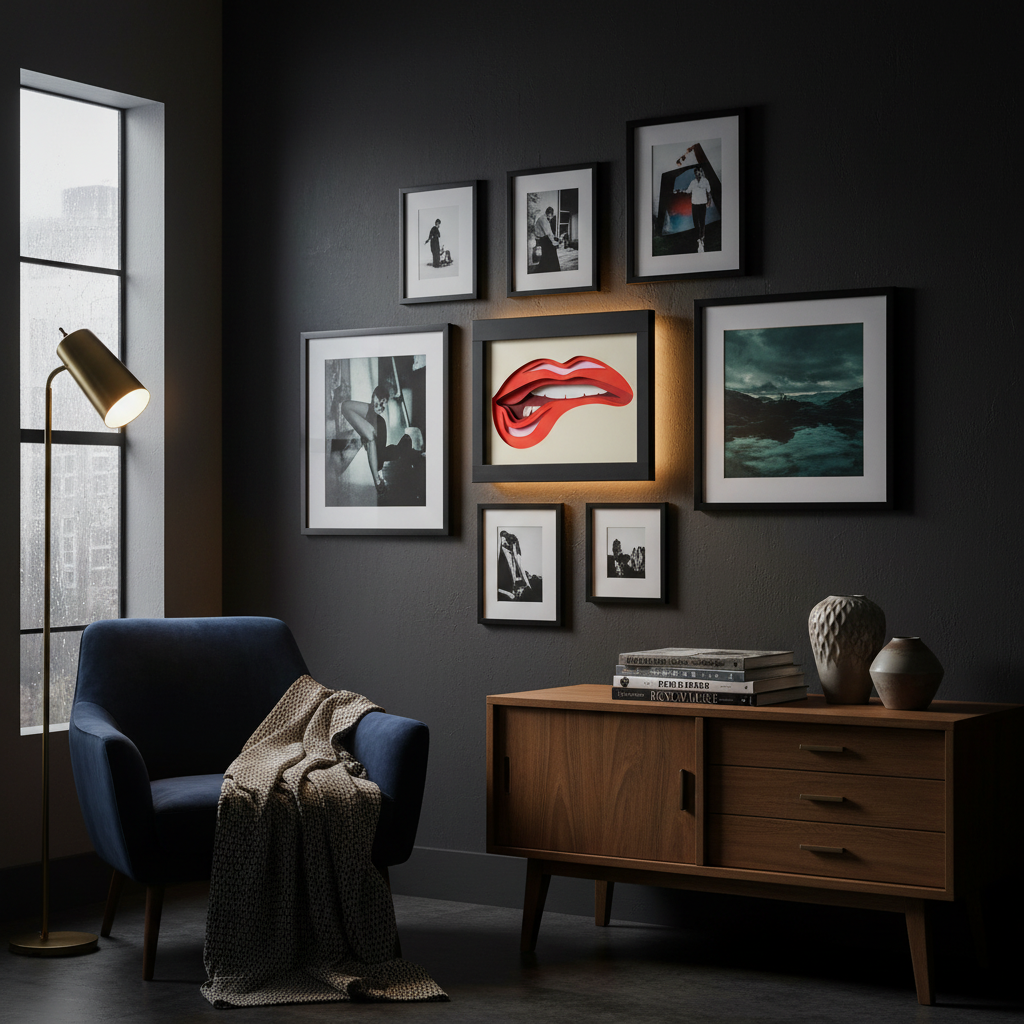 Lips Shadow Box displayed on a dark gallery wall in a moody eclectic living room