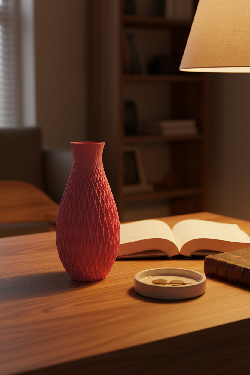 Textured Geometric Vase dusty pink diamond-weave lattice on warm walnut desk beside open book and ceramic tray warm evening lamp light home office