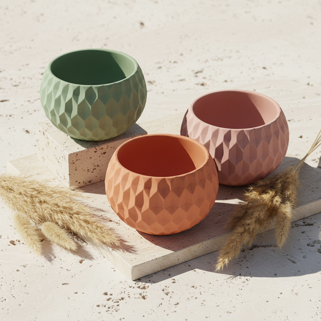 Three colour geometric planters grouped flatlay - lifestyle