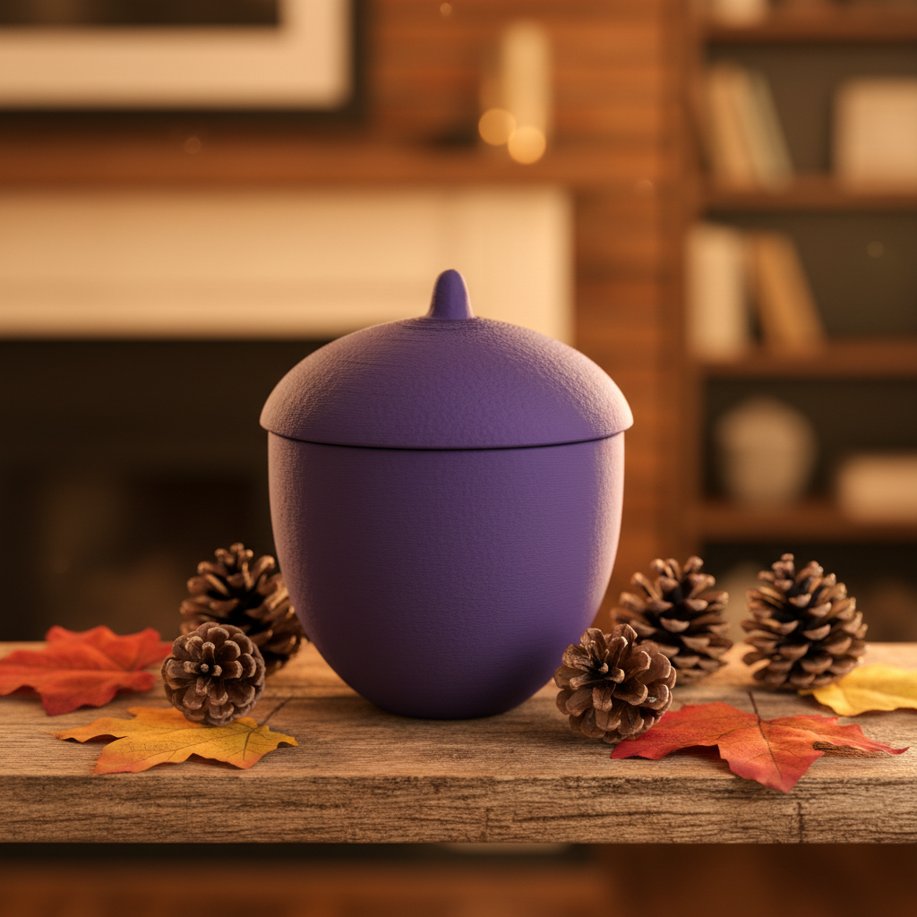 Ribbed Acorn Container - Purple colourway on rustic shelf with autumn leaves