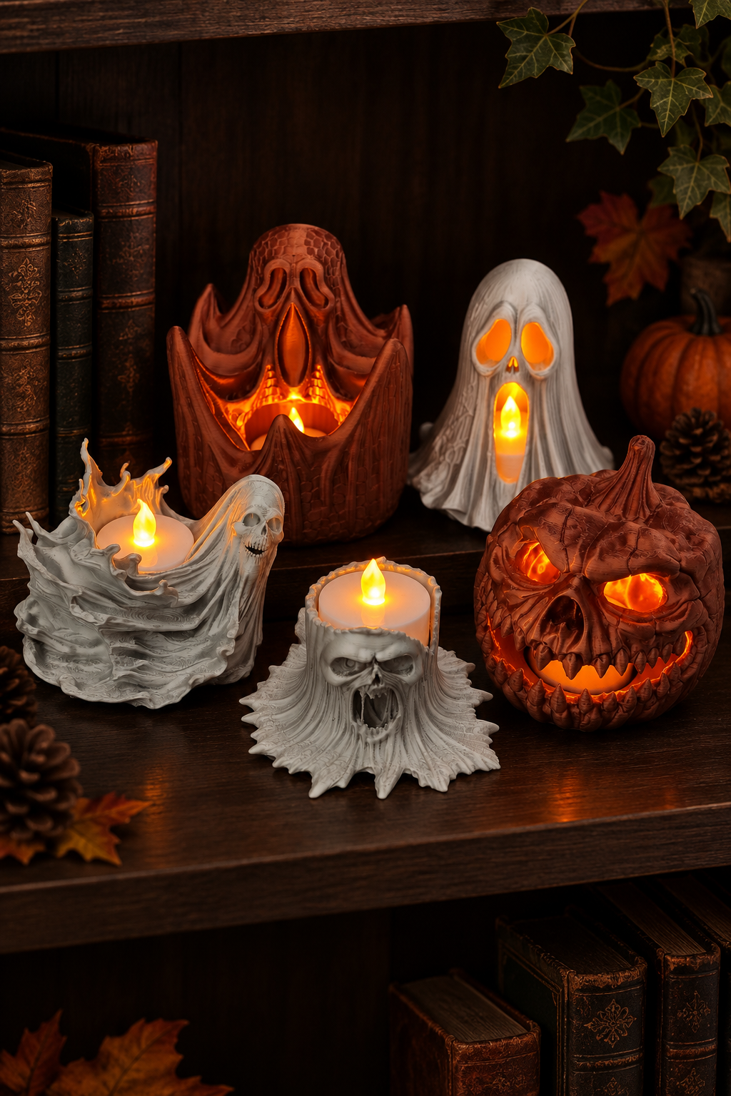 The five horror tealight holders displayed together on a dark bookshelf with autumn accents