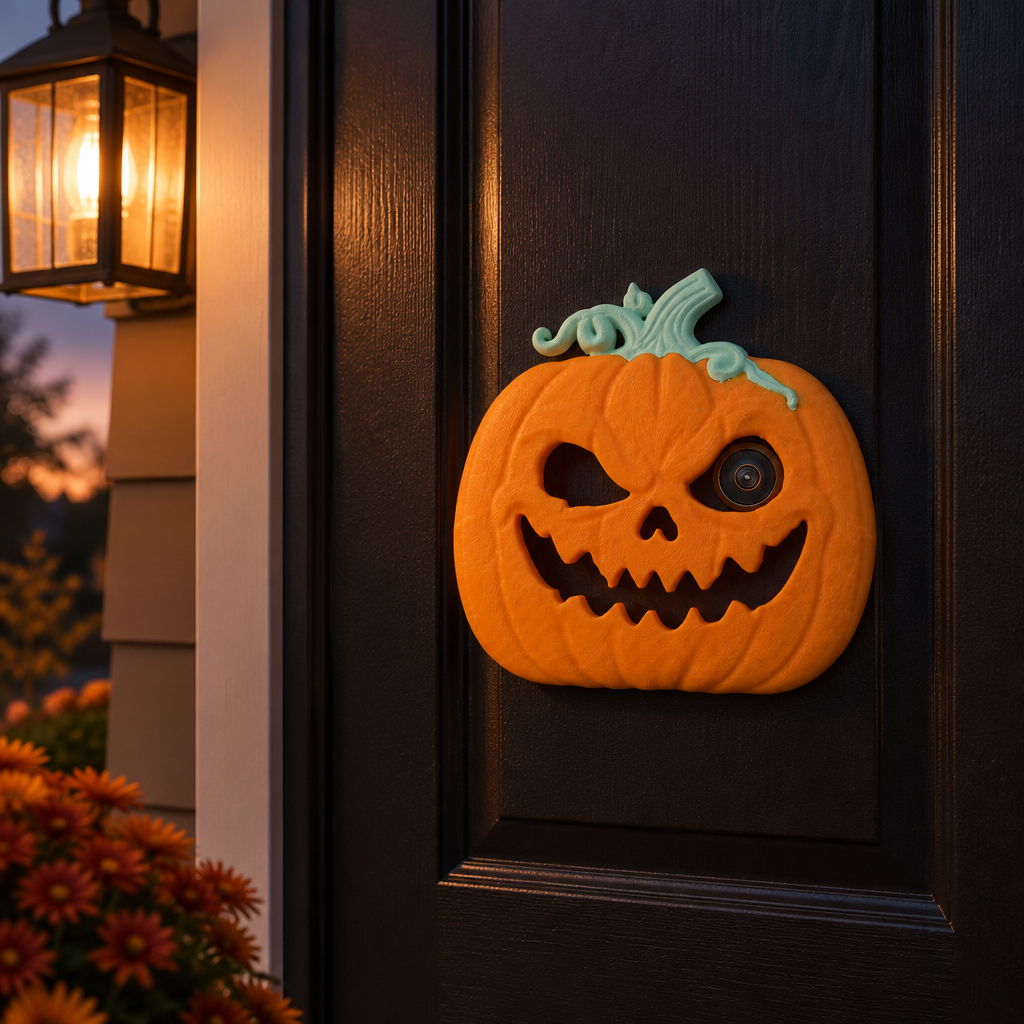 Pumpkin peephole decoration on black door at twilight