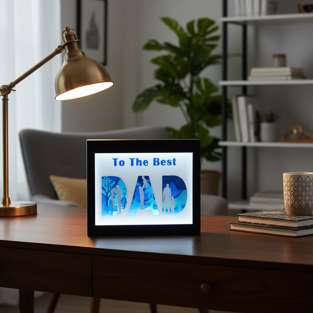 To The Best Dad shadow box displayed on a dark wooden desk in a stylish home office with warm lamp light