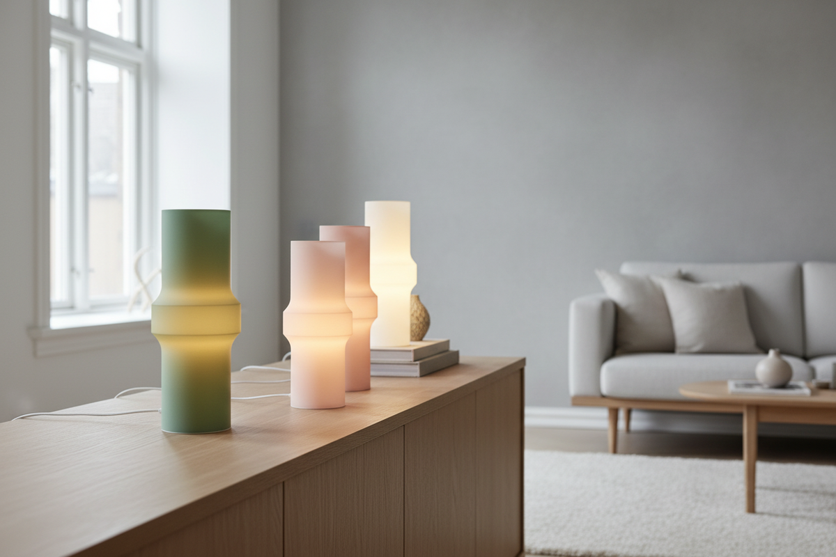 Three Minimalist Bulge LED Lamps glowing warm amber white soft pink sage green translucent cylinder waist-pinch bulge profile pale oak sideboard bright contemporary Scandinavian living room large window daylight wide editorial landscape