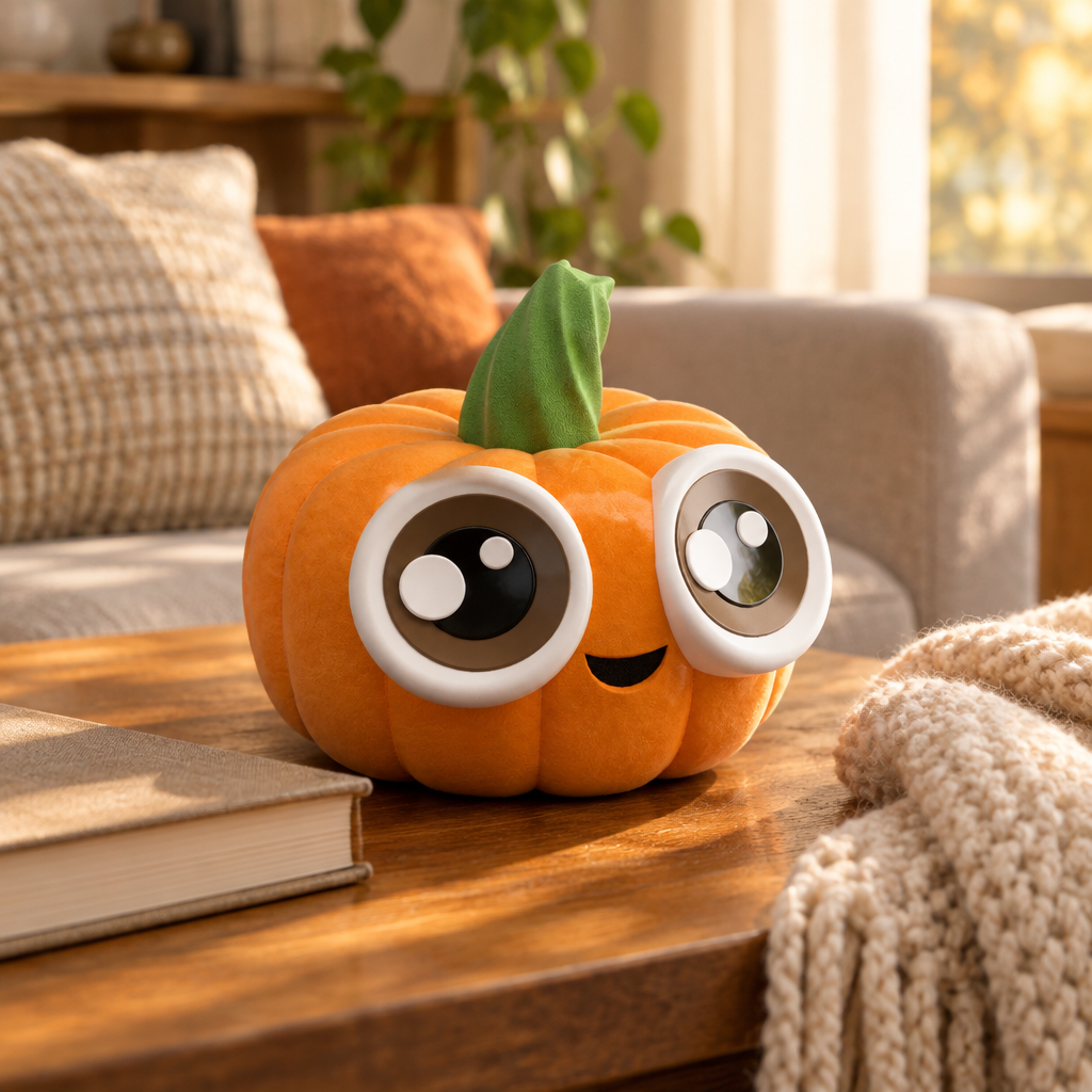 Cute Li'l Pumpkin on a coffee table in a cozy living room