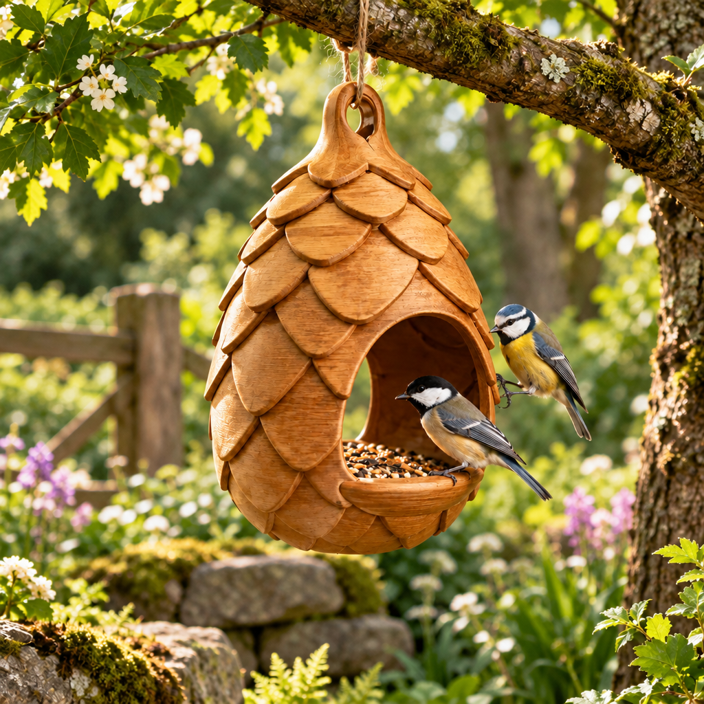 Pinecone feeder in spring woodland garden