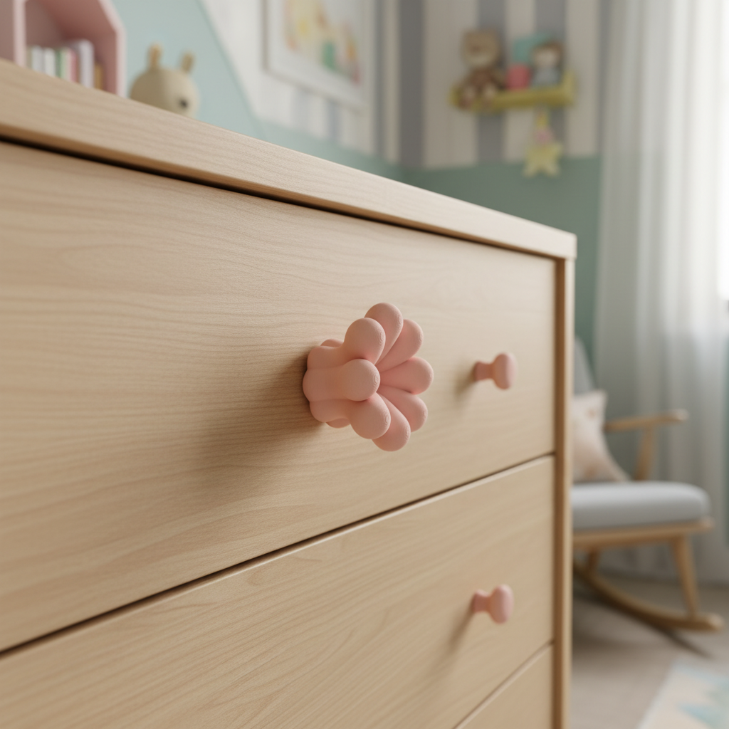 Pink wibble handle on nursery dresser - lifestyle