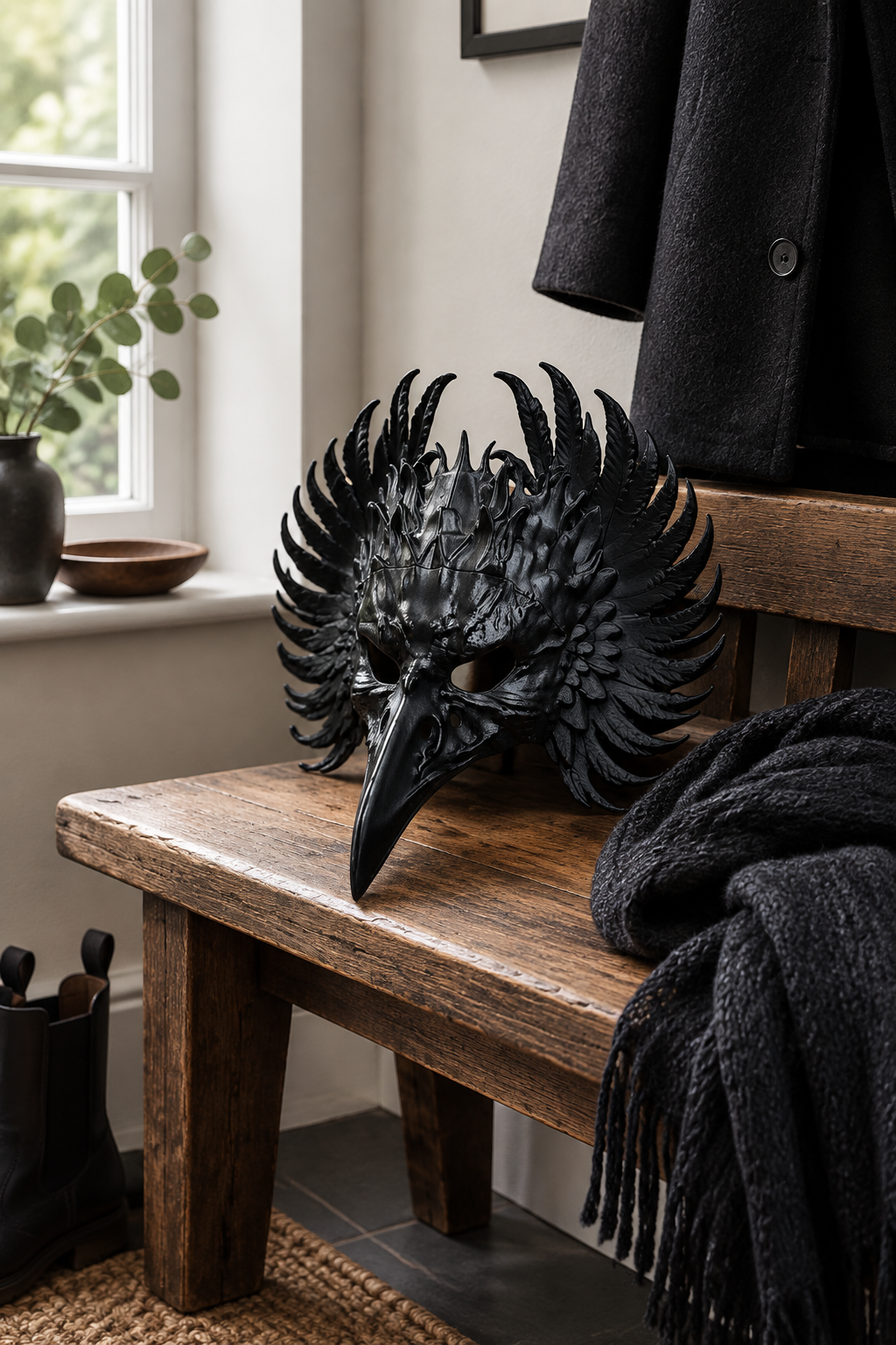 Black feathered Raven Mask on a rustic entryway bench