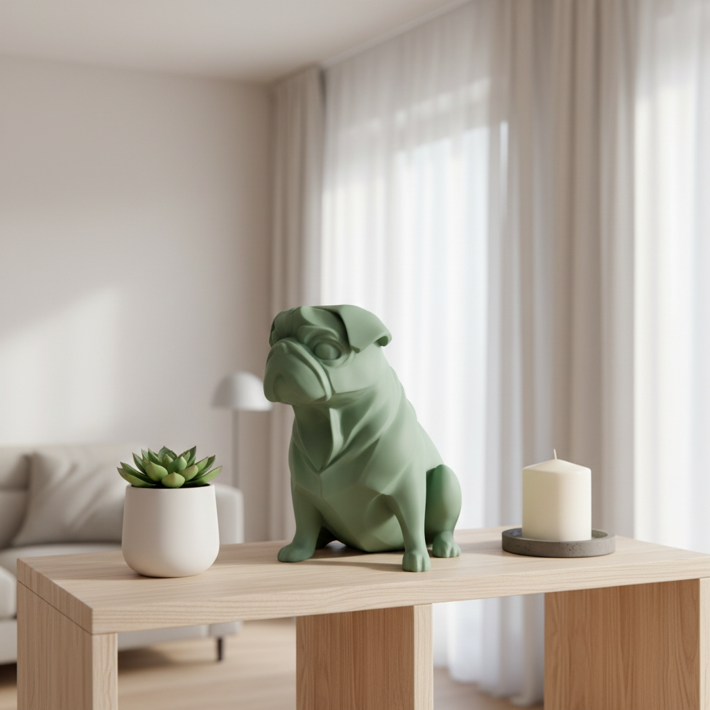 Sage green Chubby Pug Sculpture on a Scandinavian wooden shelf with a small plant and candle