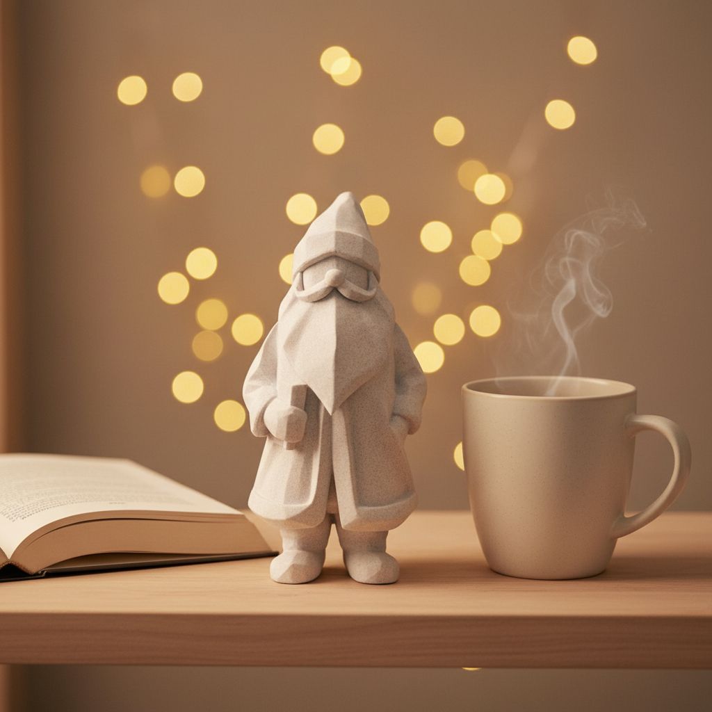 Low-poly white Santa on wooden shelf beside open book and ceramic mug lifestyle