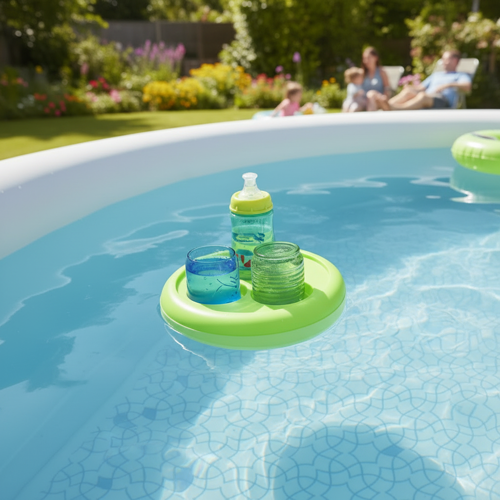 Green floating drink holder floating on paddling pool in sunny garden holding a colourful drinks bottle