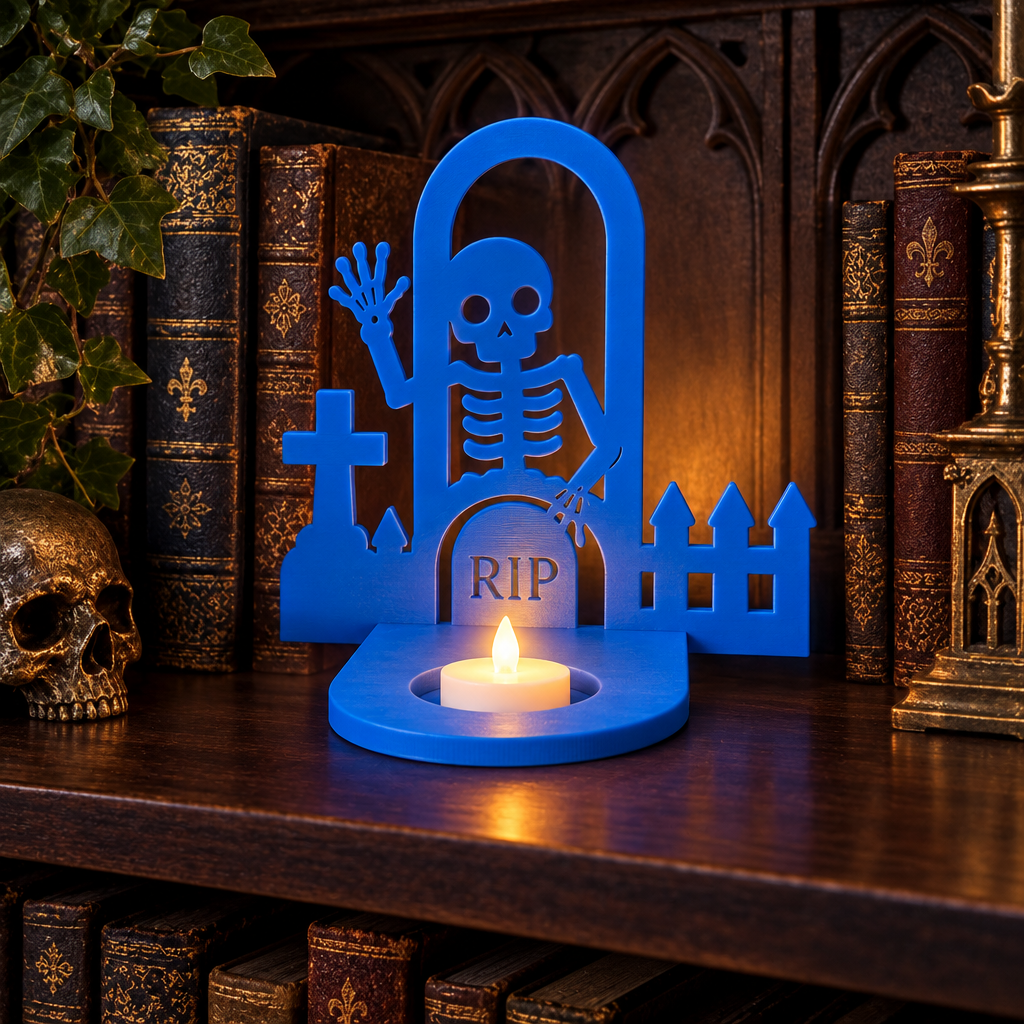 Graveyard shadow lamp on gothic bookshelf