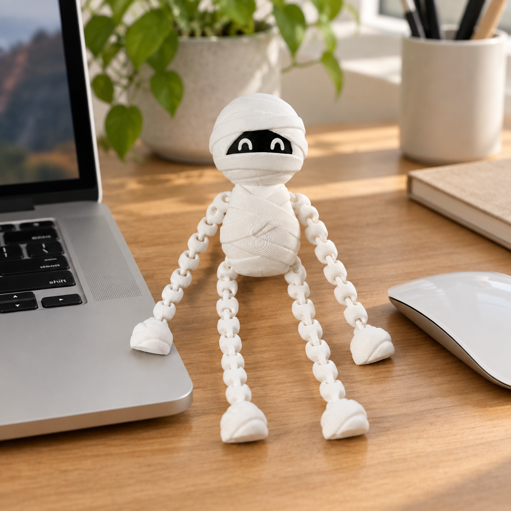 White skeleton fidget beside a laptop in a tidy workspace