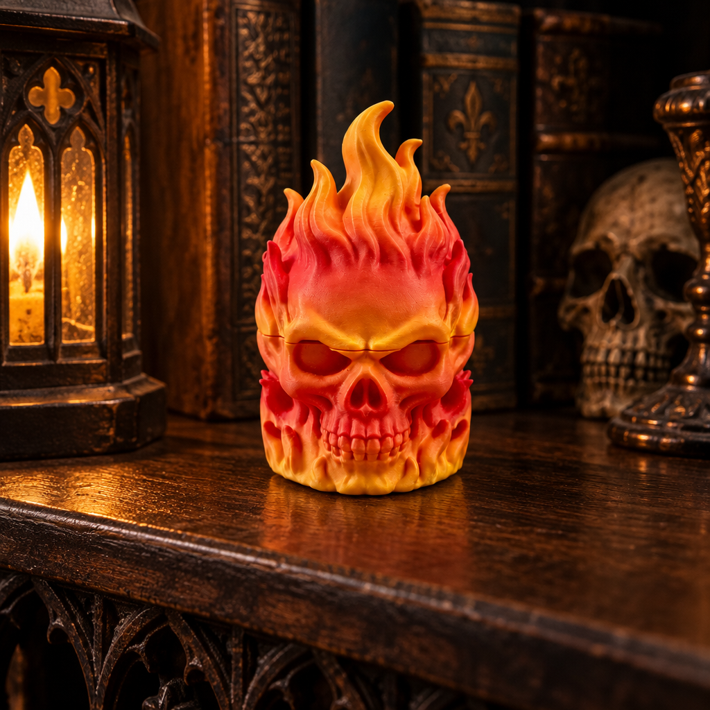 Flaming Skull Herb Grinder on gothic bookshelf