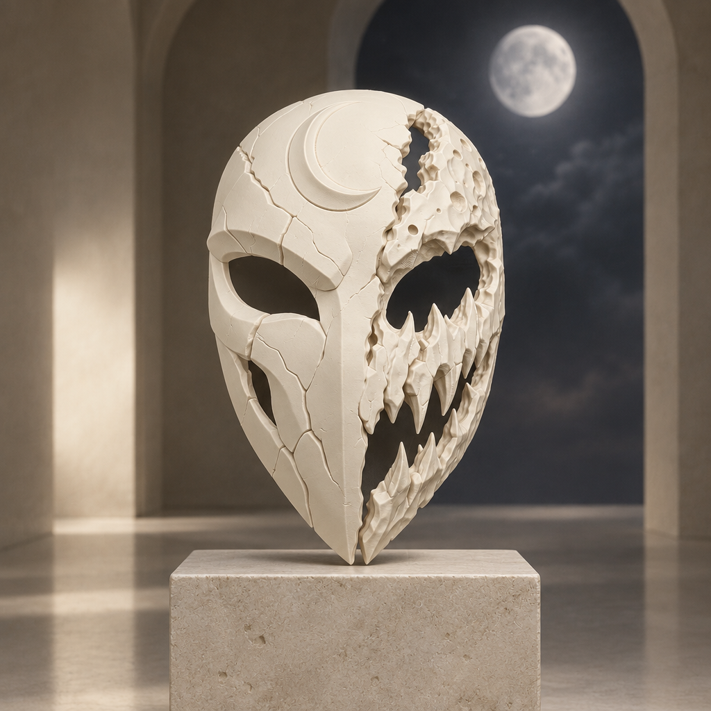 White Mooneater Mask in a moonlit gallery display, strap not included.