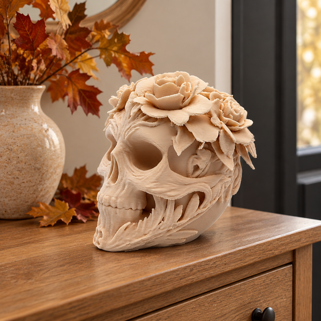 Flower-crowned skull on an oak entryway console with autumn decor