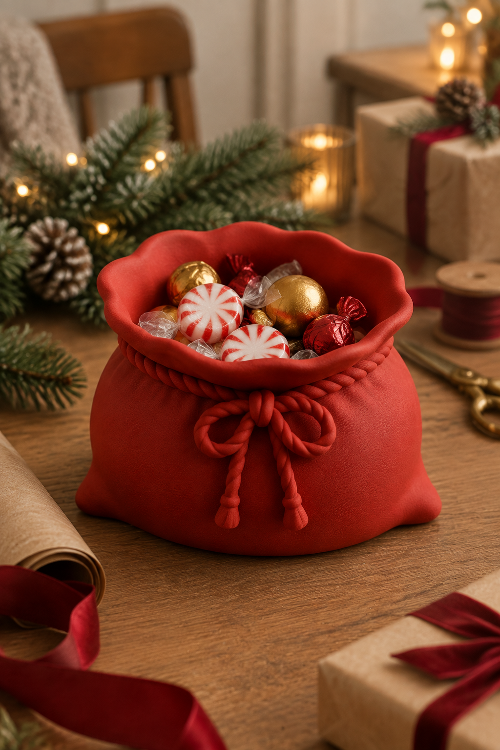 Red sack sweet bowl at a Christmas gift wrapping station
