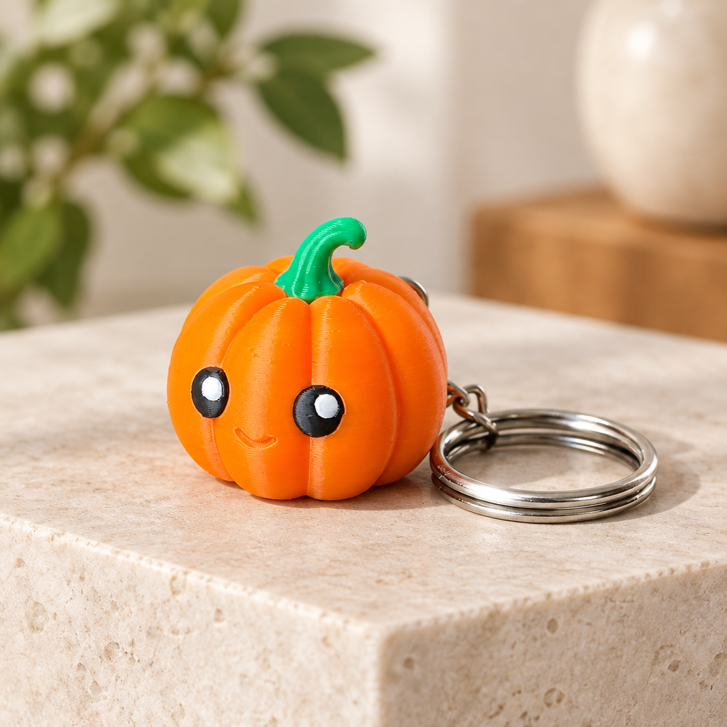 Pumpkin keychain clicker on stone plinth