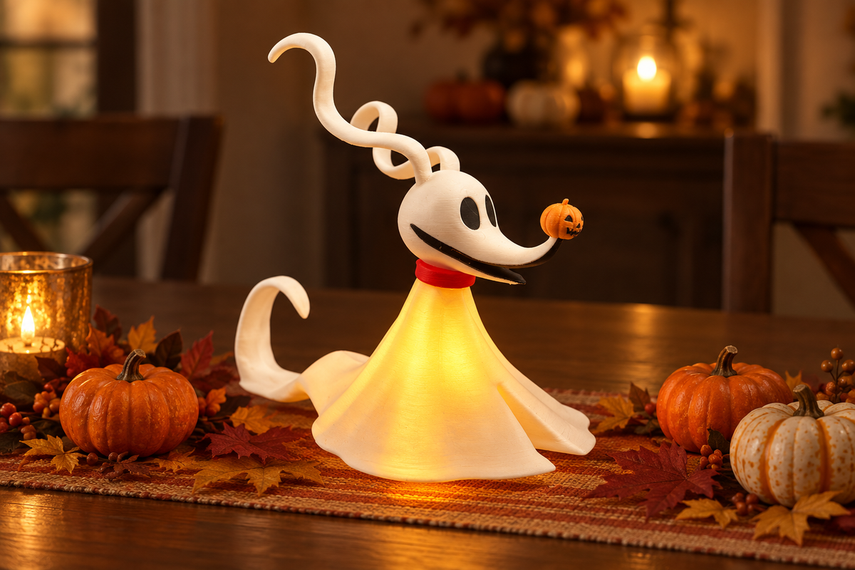 White ghost dog tealight holder as a Halloween table centerpiece with autumn leaves