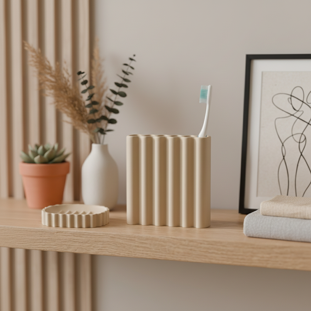 Beige ripple toothbrush holder with matching soap dish dried flowers and linen towels japandi bathroom lifestyle