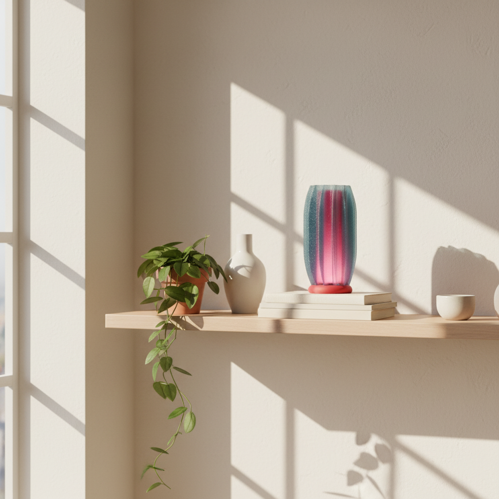 Elegant Finned Desktop Lamp on a shelf with minimalist decor and books