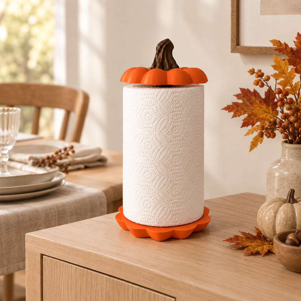 Pumpkin kitchen towel holder on a dining sideboard with autumn tableware