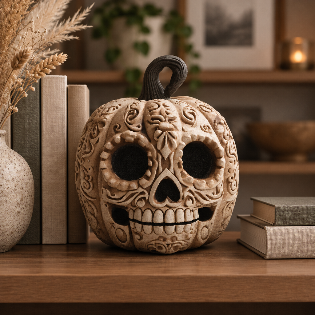 Pumpkin skull ornament styled on a modern bookshelf with neutral books and dried grasses