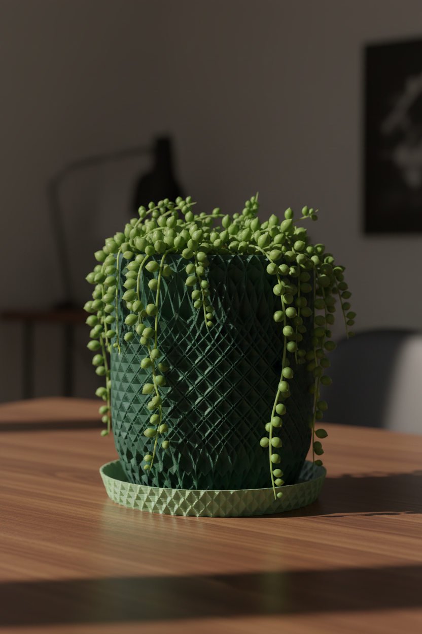 Geometric Textured Plant Pot deep forest green diamond lattice two-tone matching pale sage drainage saucer base holding String of Pearls warm walnut desk moody home office raking side light
