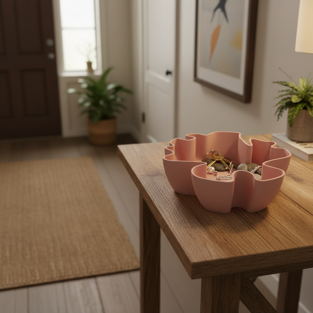 Dusty pink Organic Flow Catchall Bowl with keys and jewellery on a wooden entryway table
