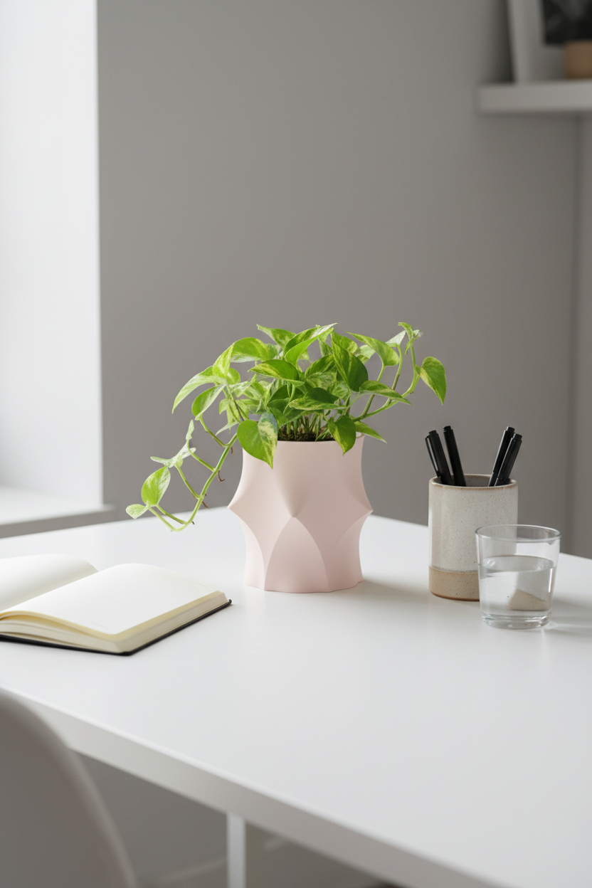 White geometric planter with trailing pothos on bright white desk minimal home office lifestyle