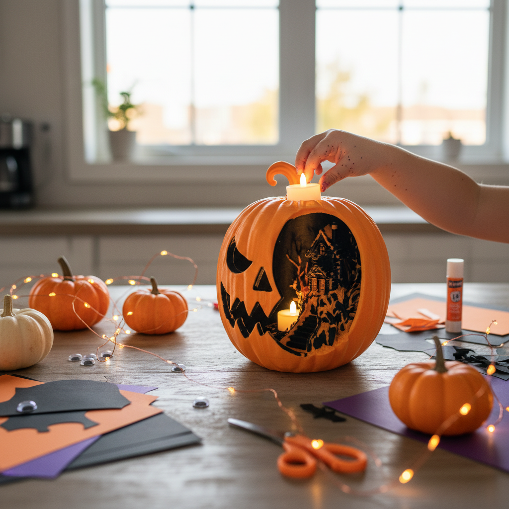 Child placing LED tea light inside Jack-o'-Lantern Diorama — family Halloween craft lifestyle
