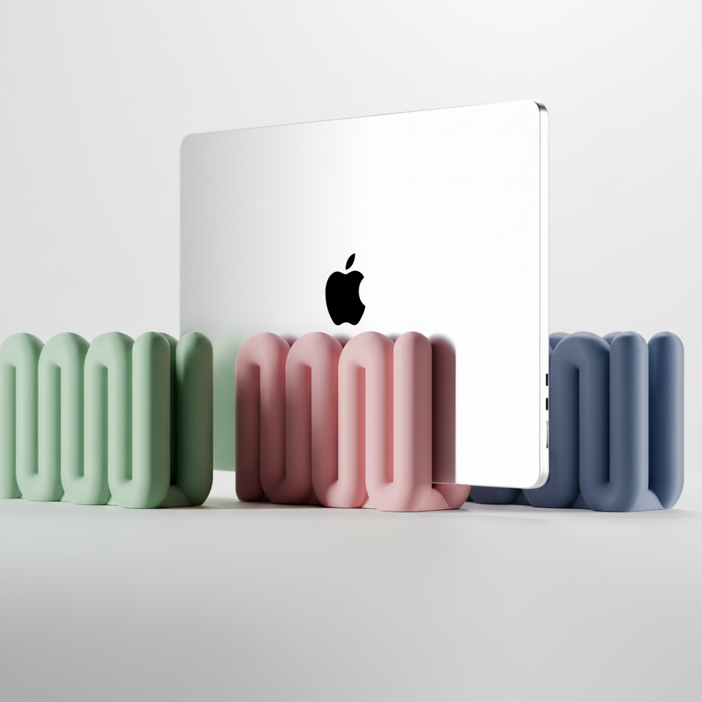 Three Wibble Vertical Laptop Stands in sage green dusty pink and slate blue