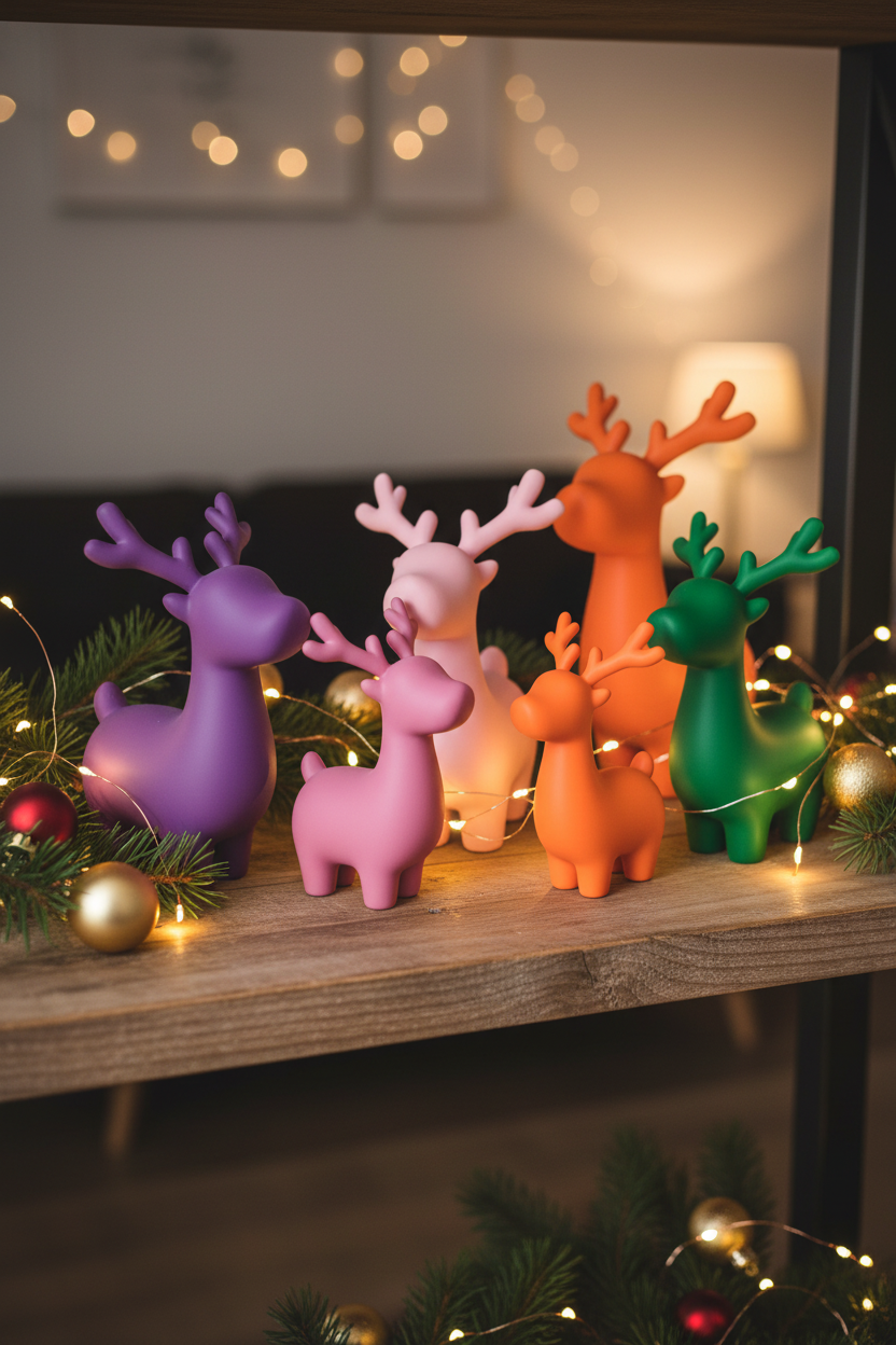 Colourful reindeer collection in purple pink orange green on wooden shelf with fairy lights lifestyle