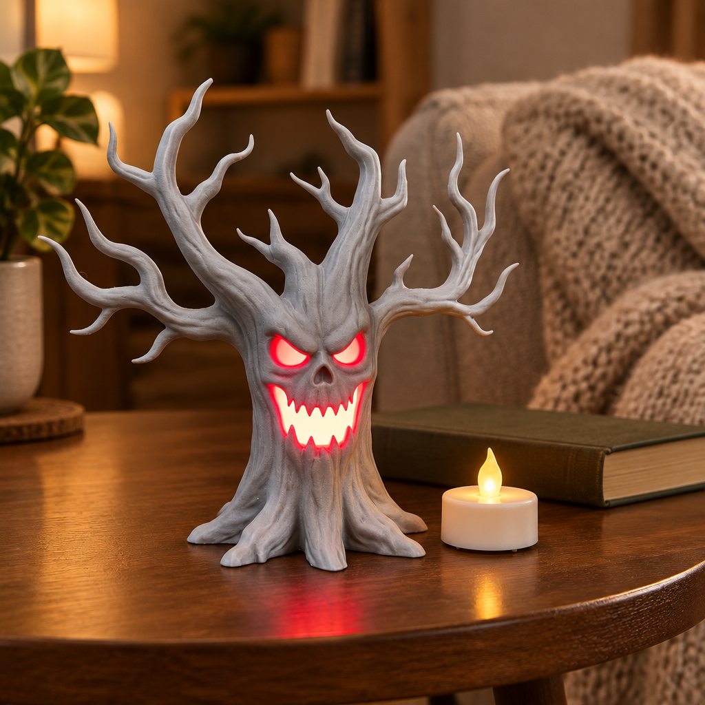 Grey laughing tree tealight holder on a side table in a cosy reading nook