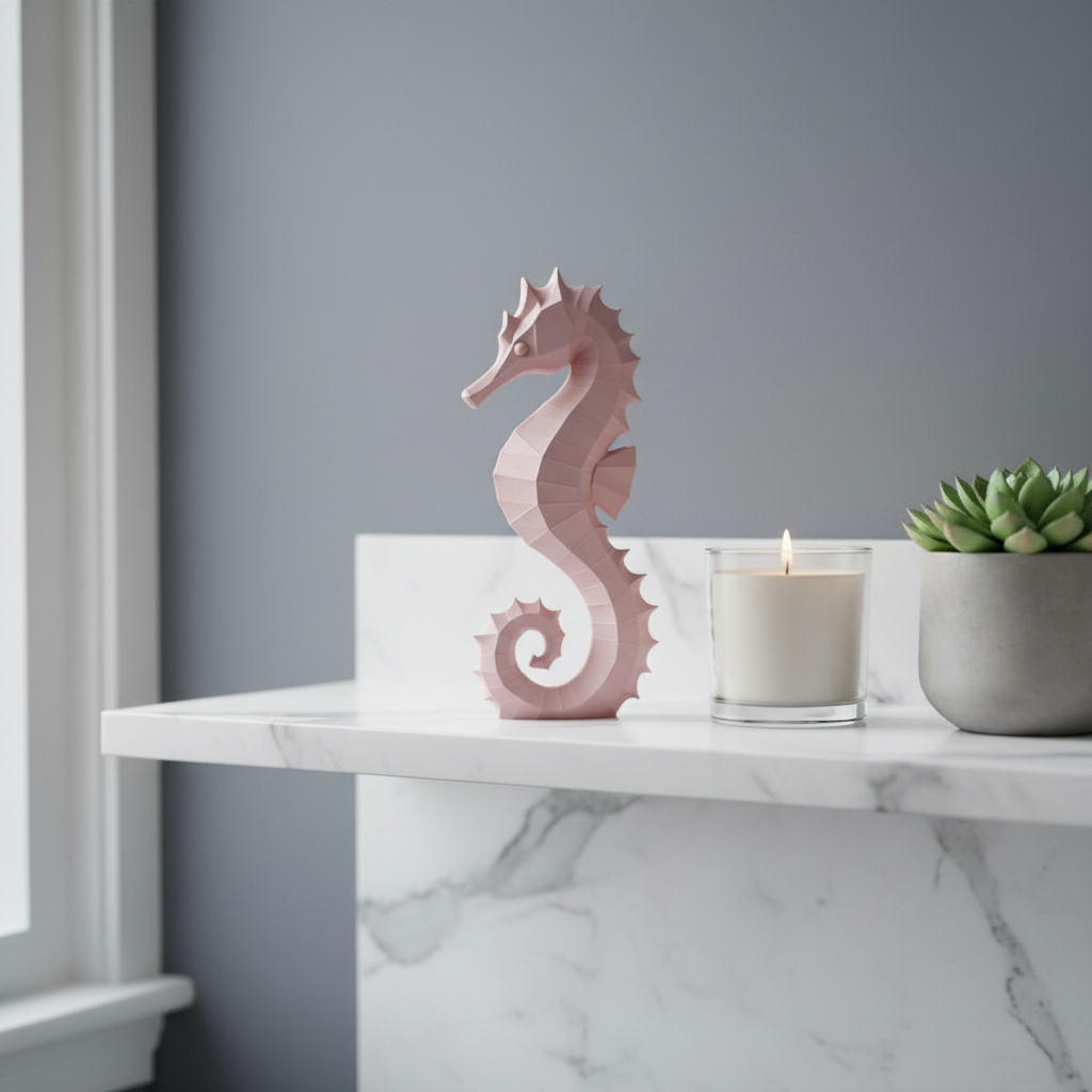 Dusty pink seahorse sculpture on marble bathroom shelf with candle and succulent