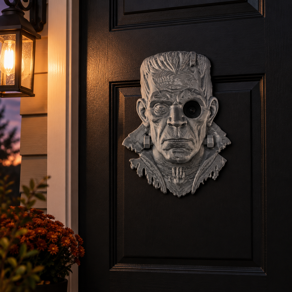 Frankenstein peephole decoration on black door at twilight
