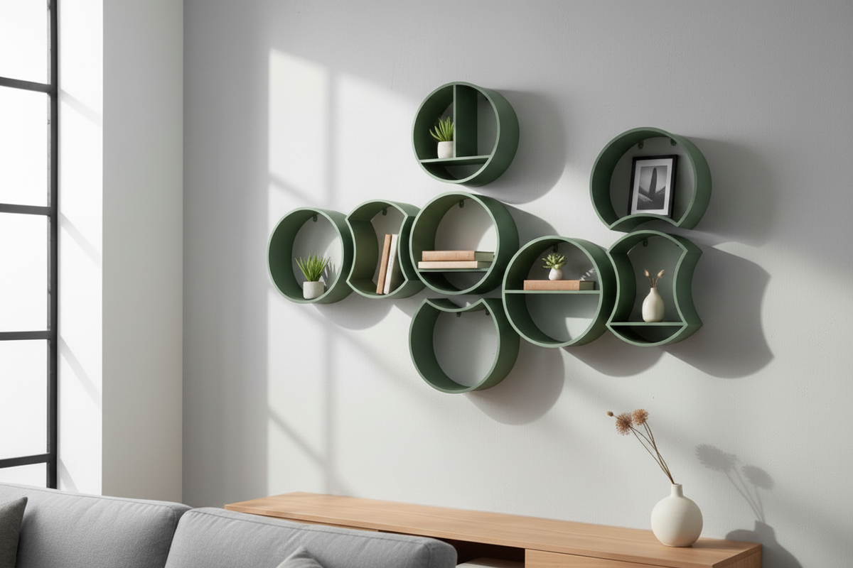 Sage green modular round shelf system in flowing cluster on white Scandinavian living room wall with succulents and books