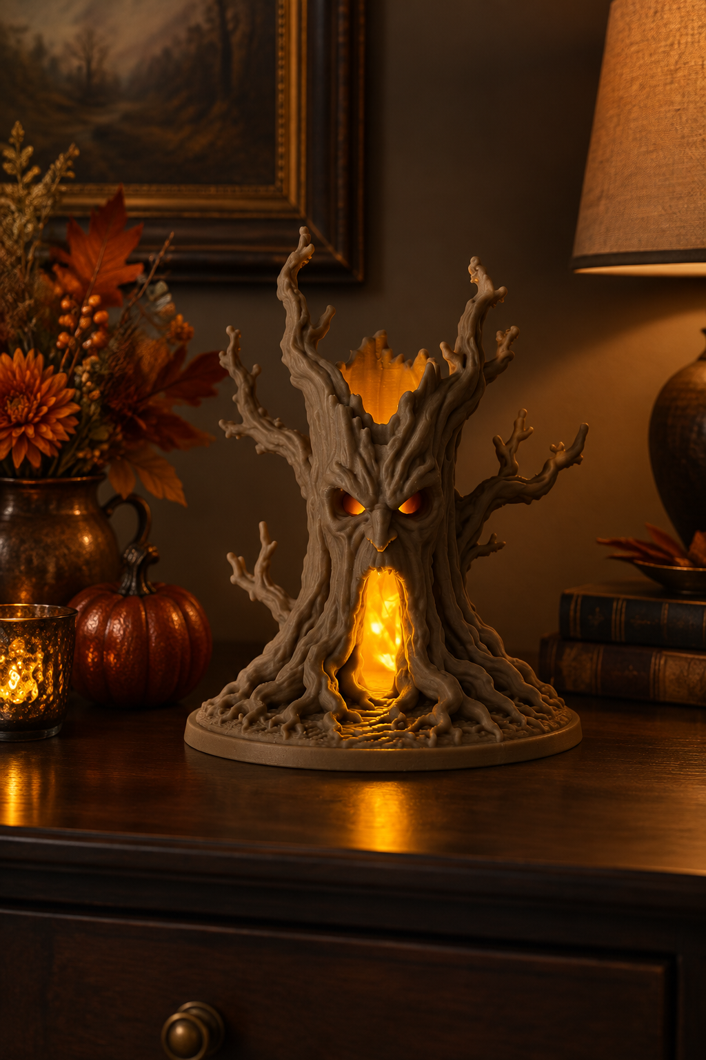 Spooky haunted tree holder with warm glow displayed on a dark sideboard with autumn decor