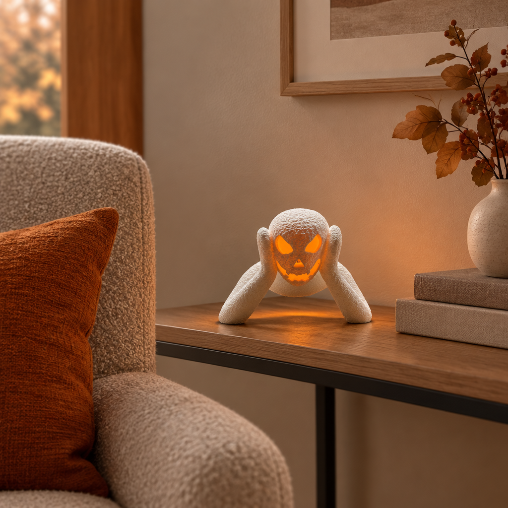 White textured NOBODY LANTERN with orange-lit face on a console beside a reading chair