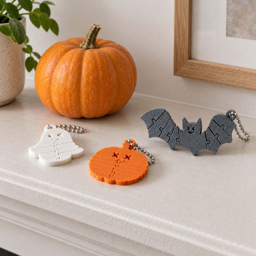 Spookyflex trio on a minimalist mantel