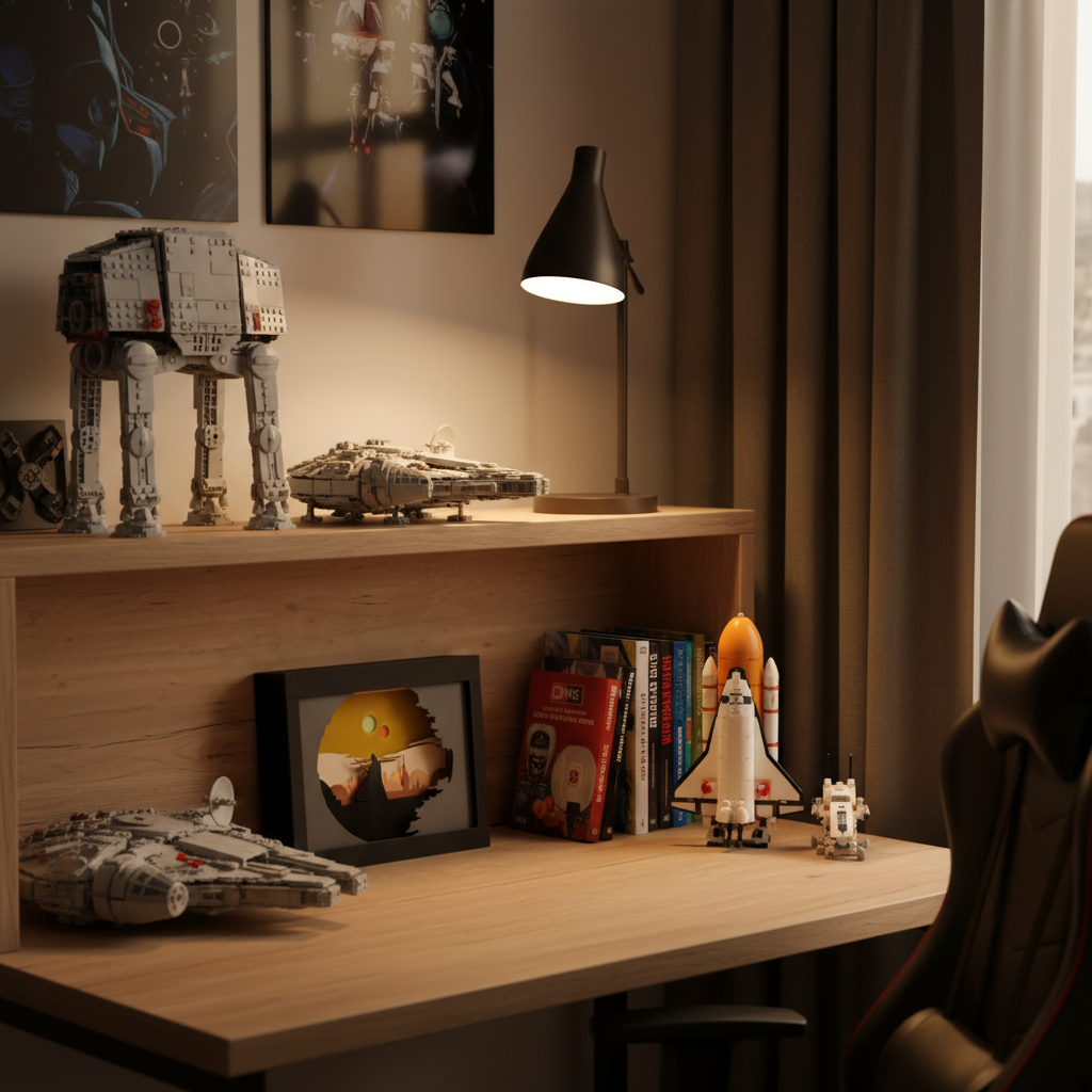 Darth Vader Homecoming shadow box on a bedroom shelf beside Lego sets books and a lamp