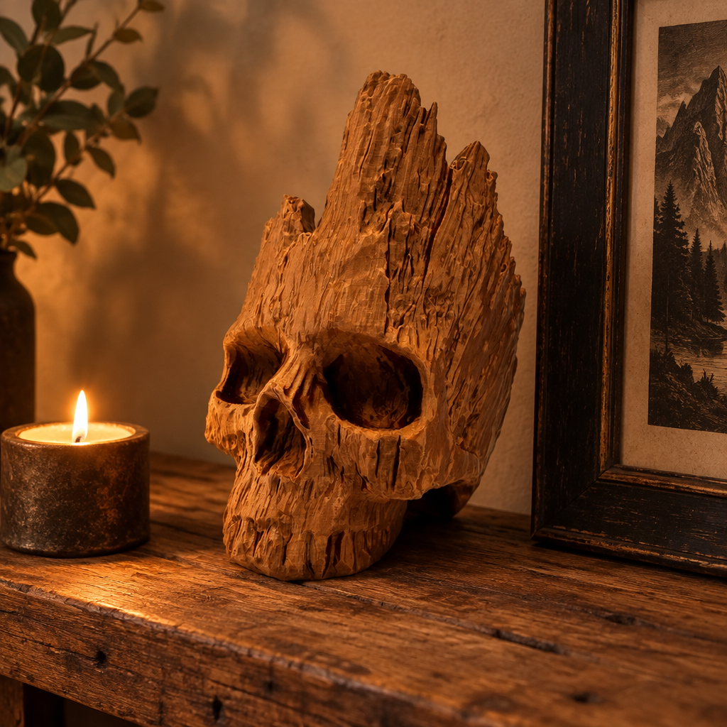 Wood-effect skull on reclaimed timber with candlelight