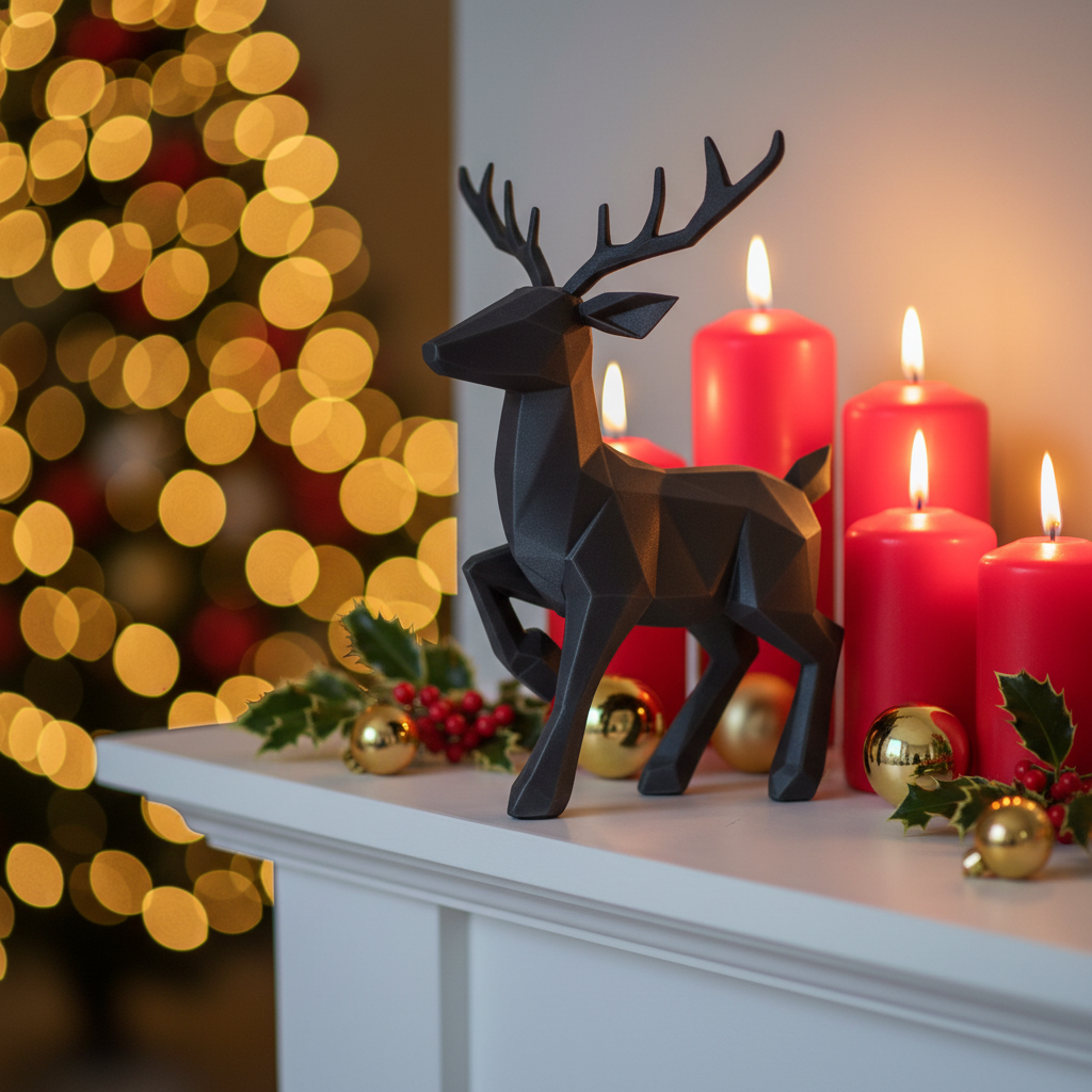 Low poly reindeer on mantelpiece with red candles and gold baubles lifestyle