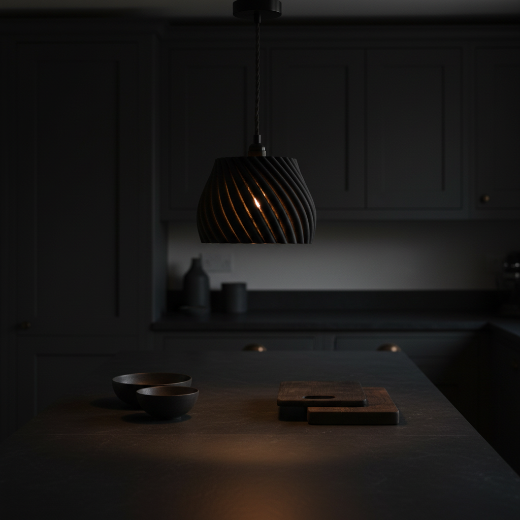 Black twisted pendant in moody dark kitchen - lifestyle