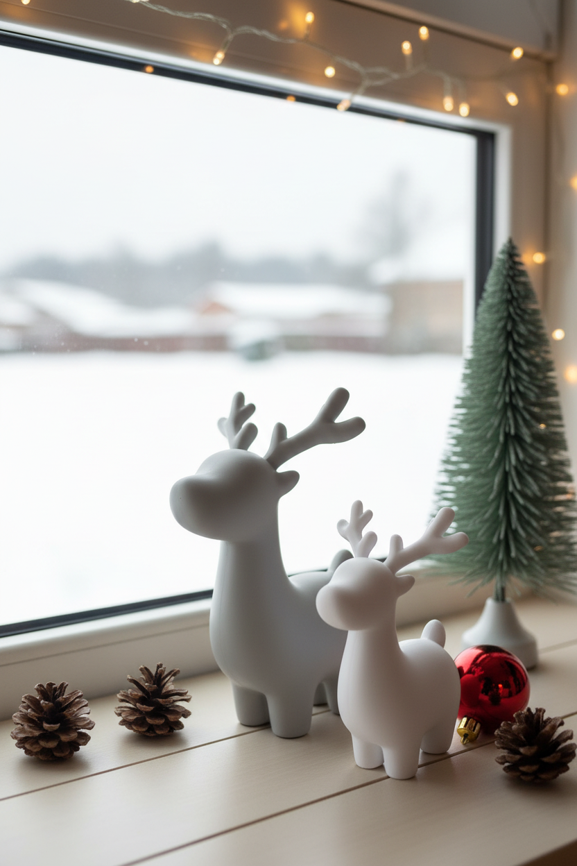 Reindeer pair on bright windowsill with pine cones and snow outside lifestyle