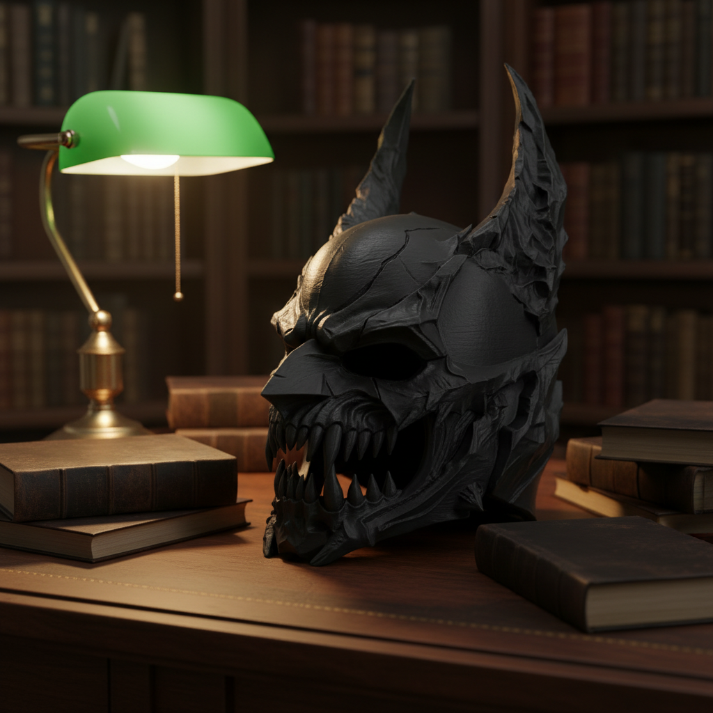 Deep charcoal Demon Skull Helmet Sculpture displayed on a dark library desk with warm lamplight