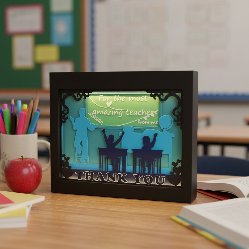 Teacher Thank You Shadow Box displayed on a teacher's desk with apple and stationery