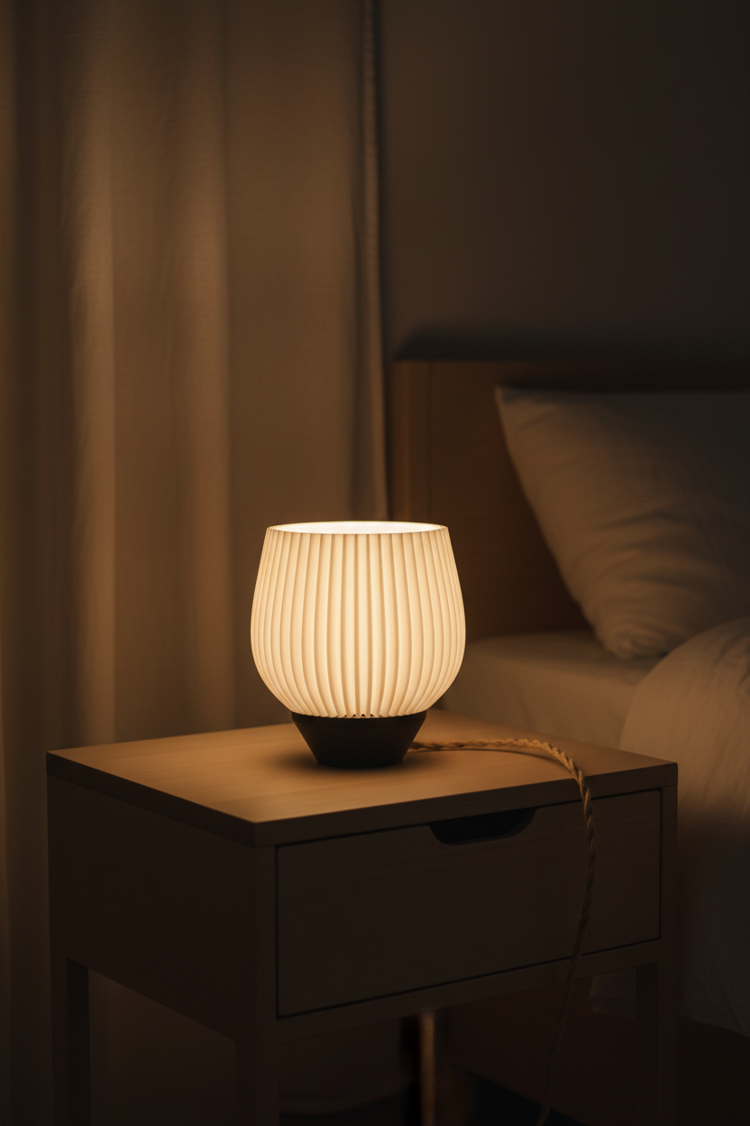 Tapered Ribbed E27 Lamp glowing on Scandinavian bedside table