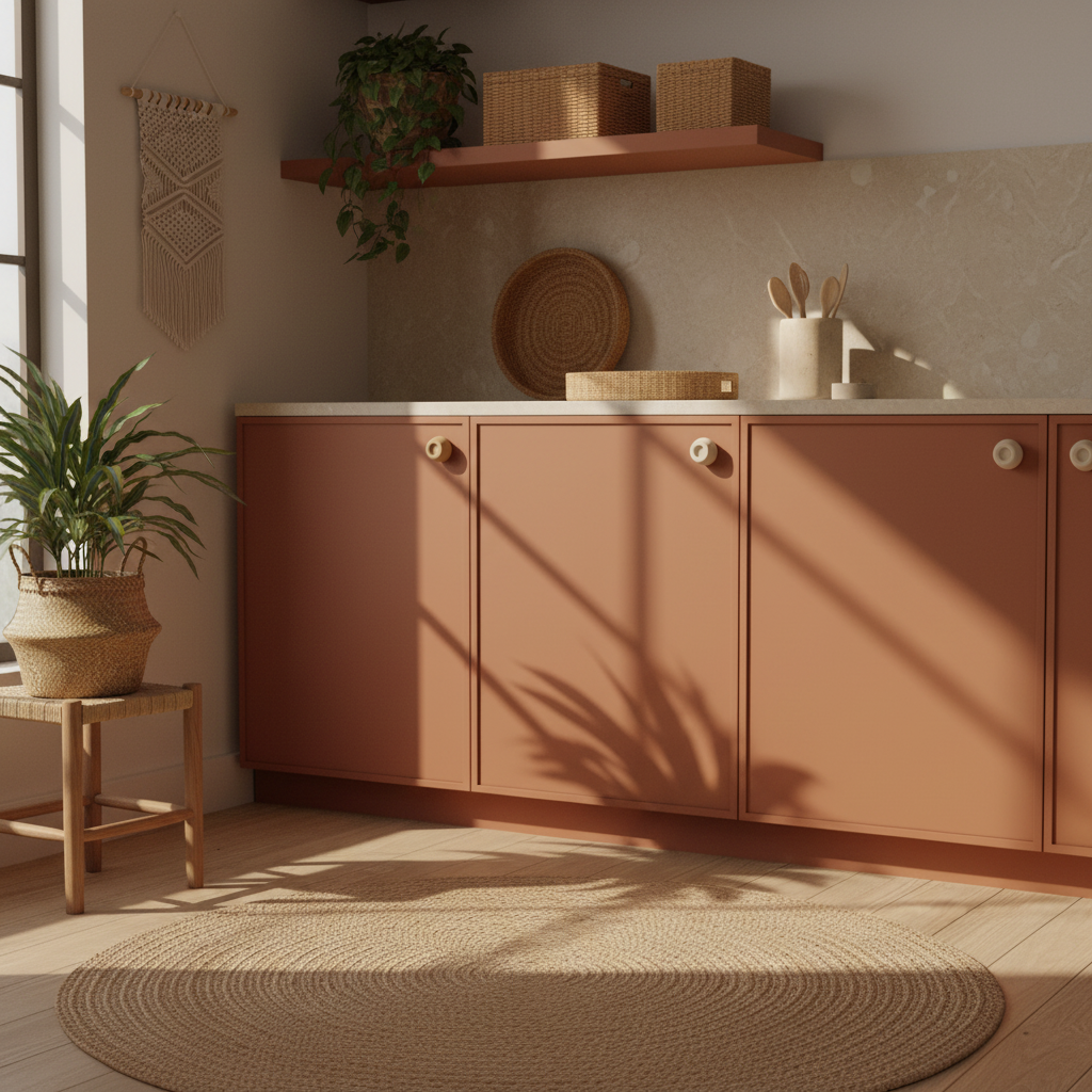 Taper handle in beige on terracotta kitchen