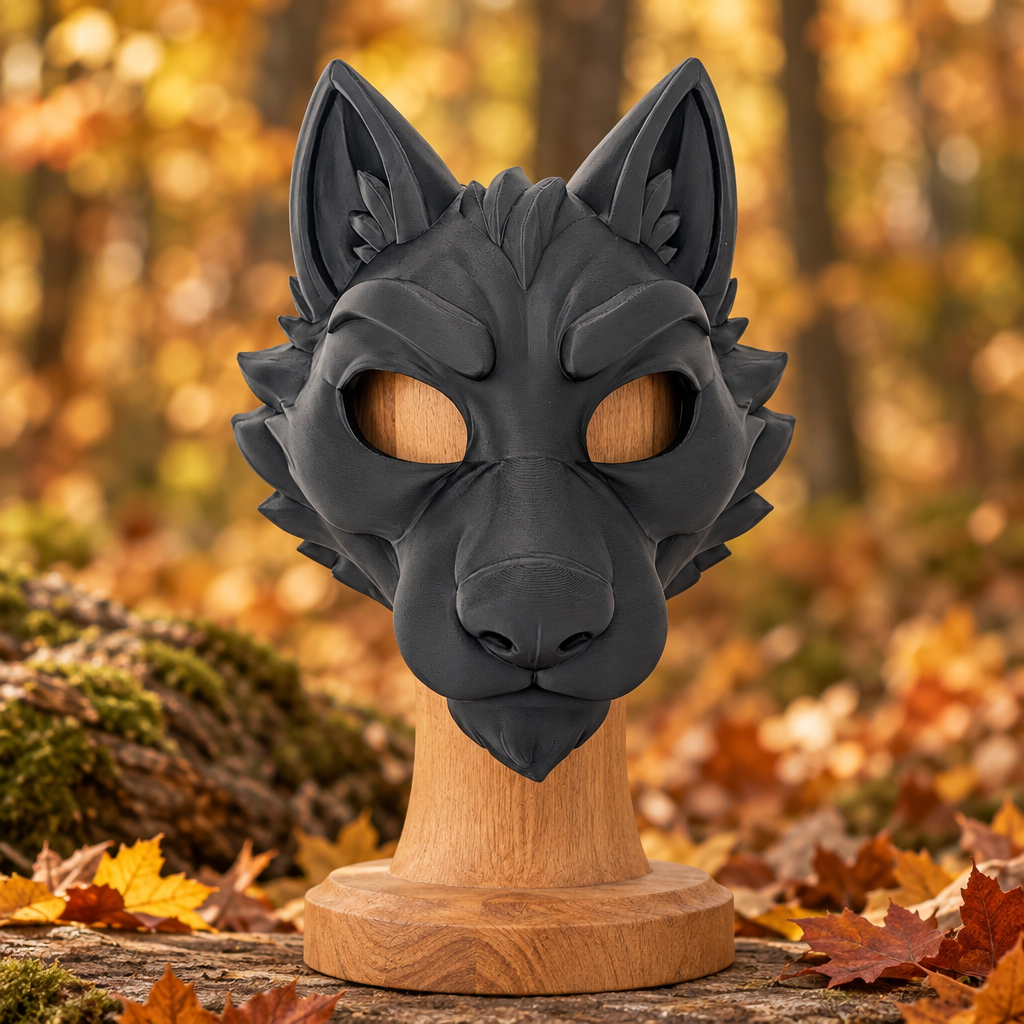 Charcoal gray Dire Wolf fantasy mask on display in an autumn woodland scene, without a strap